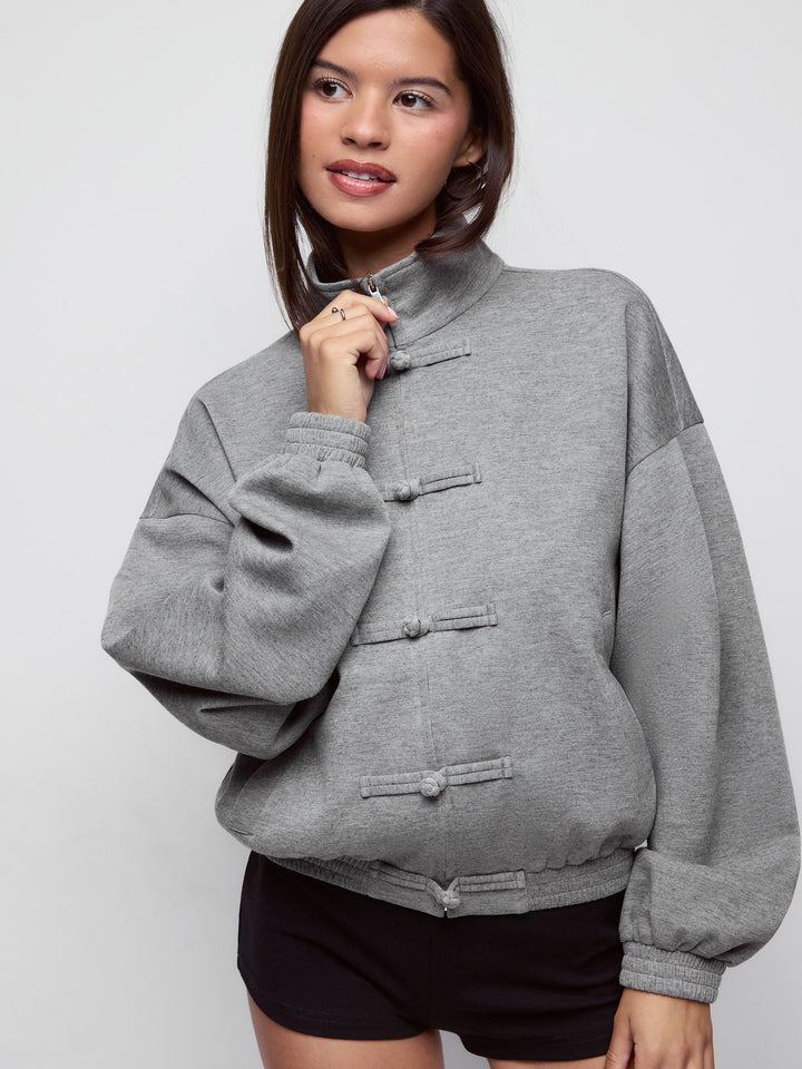 Boğum Düğmeli Dik Yaka Oversize Sweat Ceket - Gri detay 3