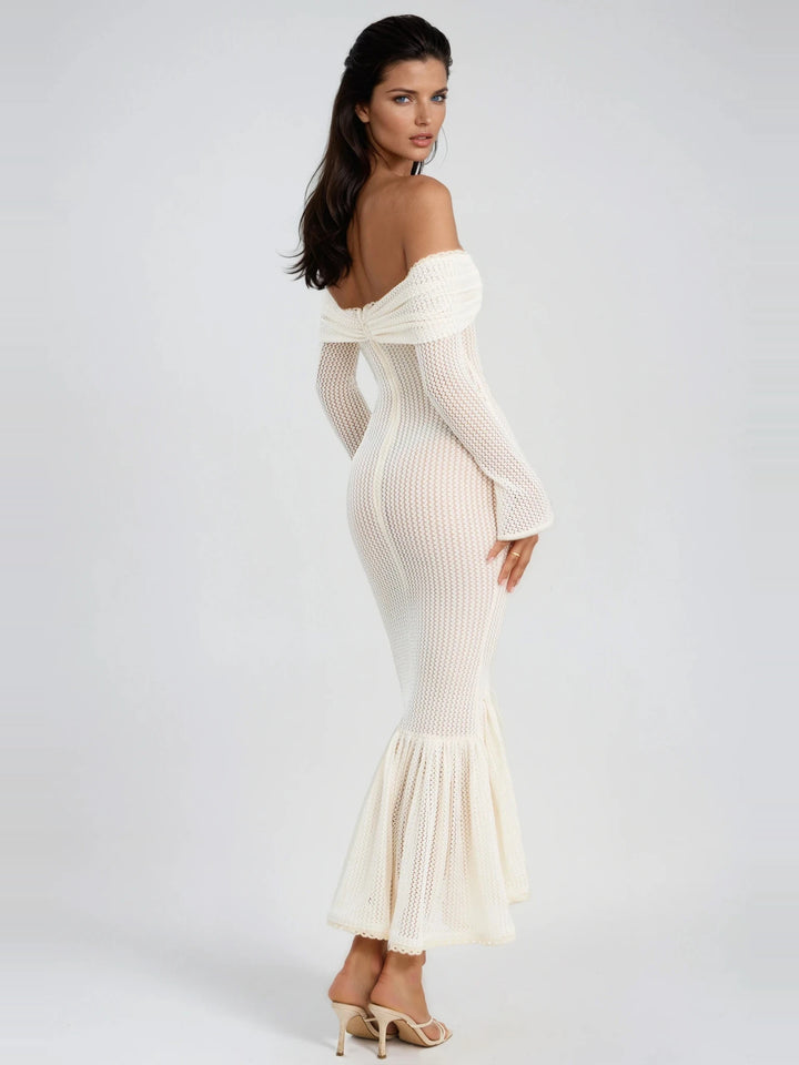 Dilwen Düşük Omuz Örme Bodycon Midi Elbise - Krem - Krem detay 3