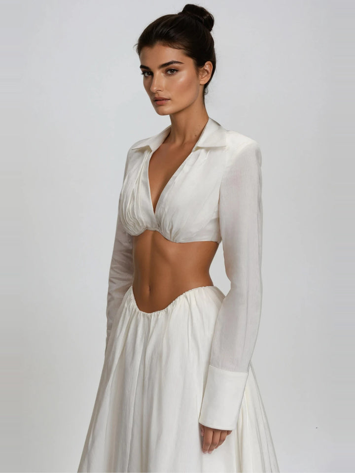 Diklah Gömlek Yakalı Crop Bluz ve Kloş Midi Etek Takım - Beyaz - Beyaz detay 3