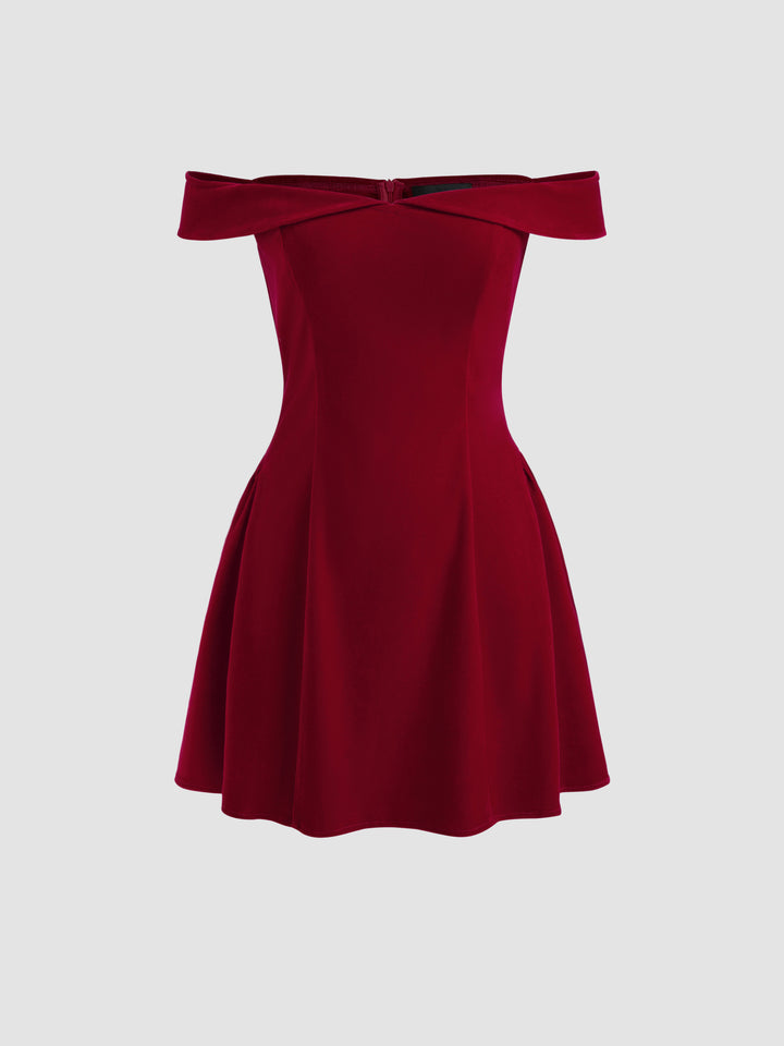 Kadife Omuz Dekolteli Kloş Mini Elbise - Bordo - Bordo detay 3