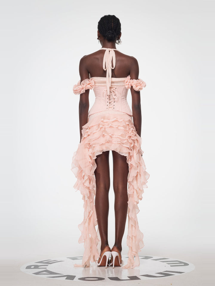 Baha Halter Yaka Korse Fırfır Detaylı Mini Elbise - Pembe - Pembe detay 3
