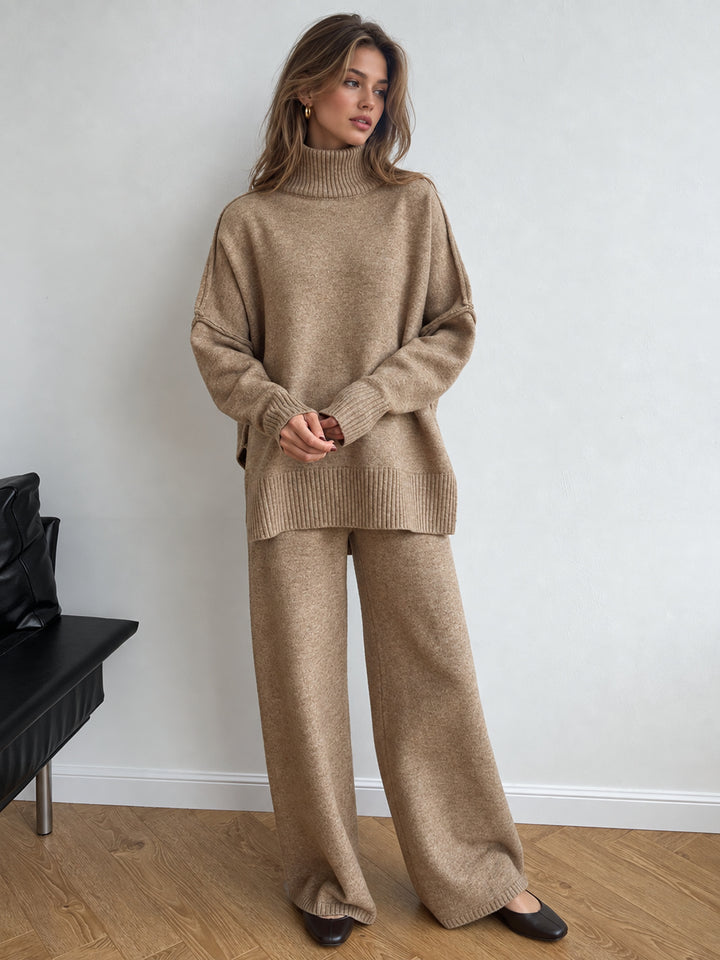 Boğazlı Oversize Triko Üst ve Pantolon Takımı - Camel detay 3