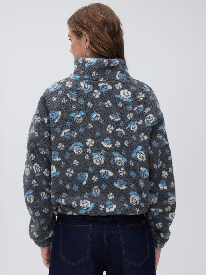 Polar Çiçek Desenli Dik Yaka Oversize Sweatshirt - Gri - Gri detay 3