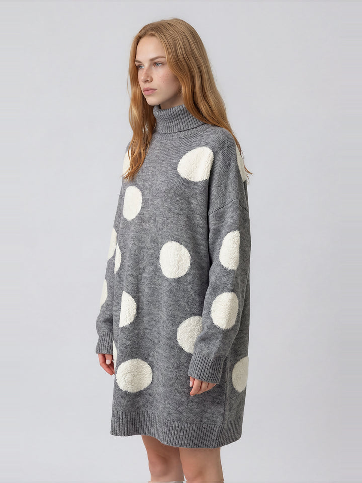 Naima Boğazlı Puantiyeli Oversize Triko Mini Elbise - Gri - Gri detay 3