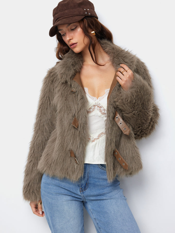 Tokalı Suni Kürk Oversize Ceket - Vizon - Vizon detay 3