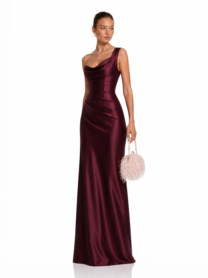 Hannah Tek Omuz Saten Maksi Elbise - Bordo - Bordo detay 3