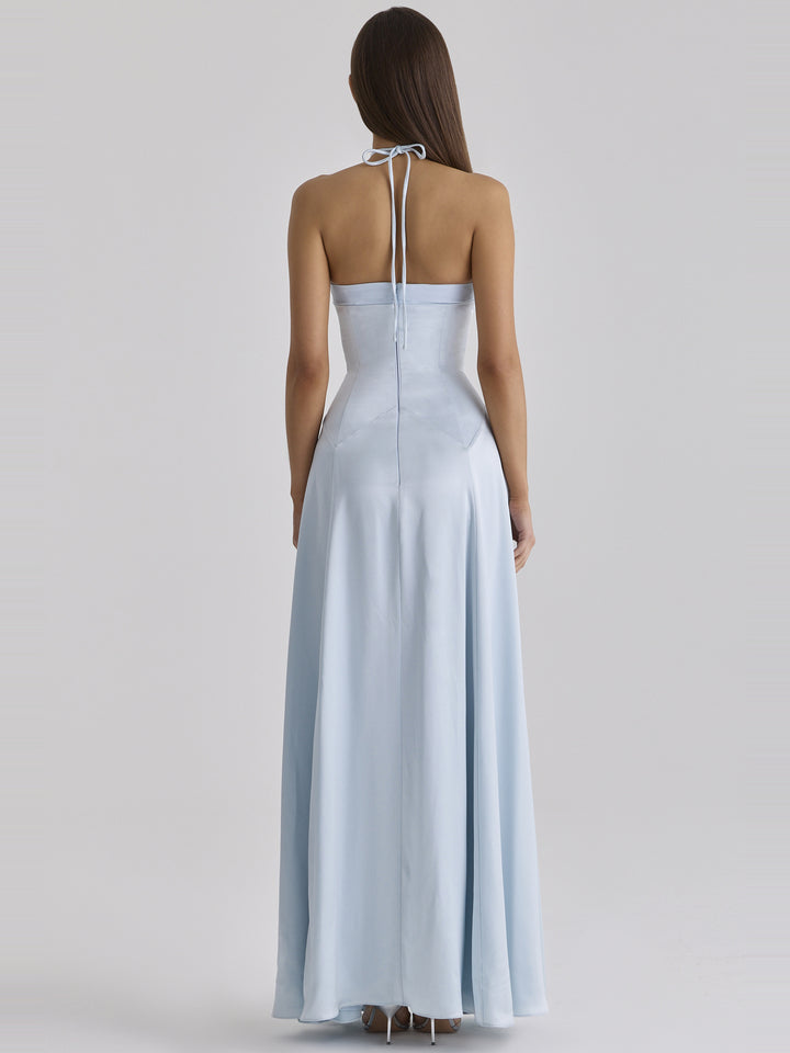 Avelina Halter Saten Maksi Elbise - Mavi - Mavi detay 3