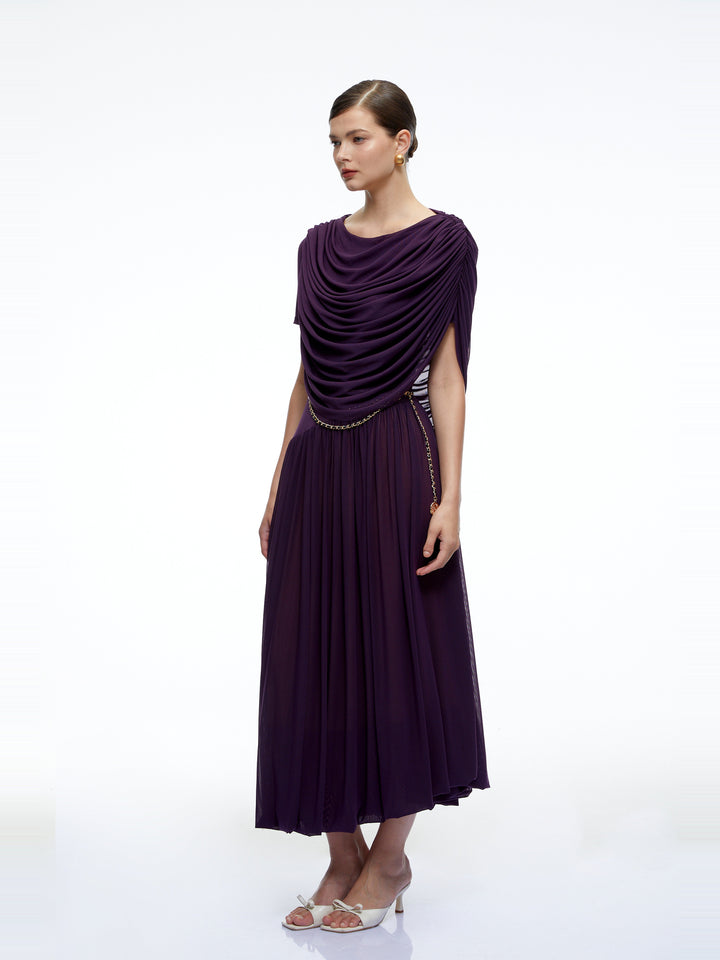 Lysiane Pileli Drape Yaka Midi Elbise - Mor - Mor detay 3