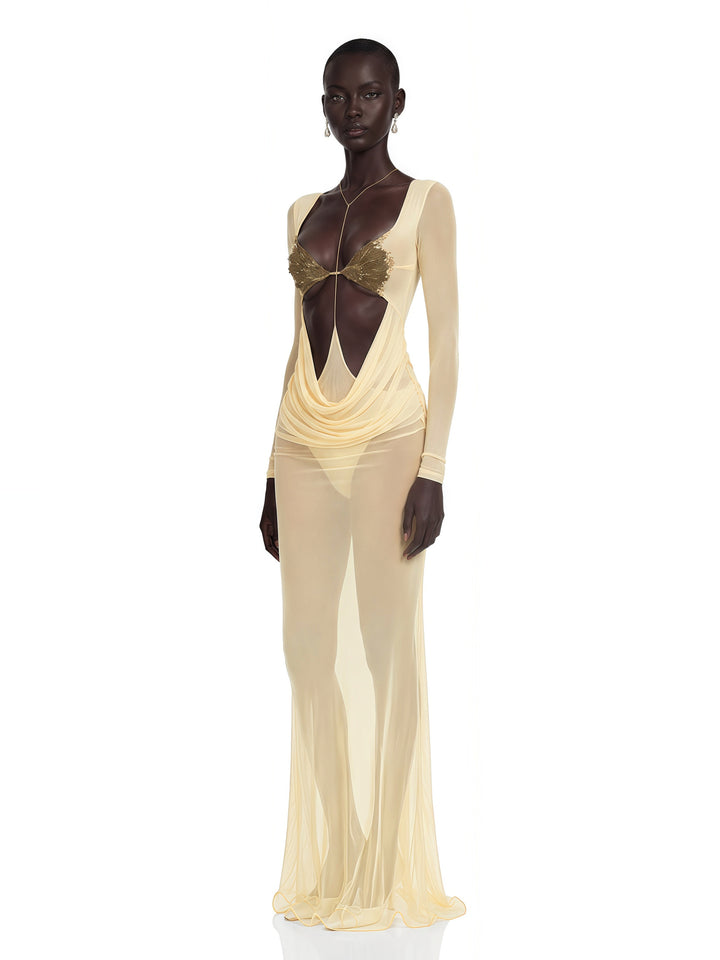Cressida Cut-Out Halter Balık Etek Maksi Elbise - Sarı - Sarı detay 3