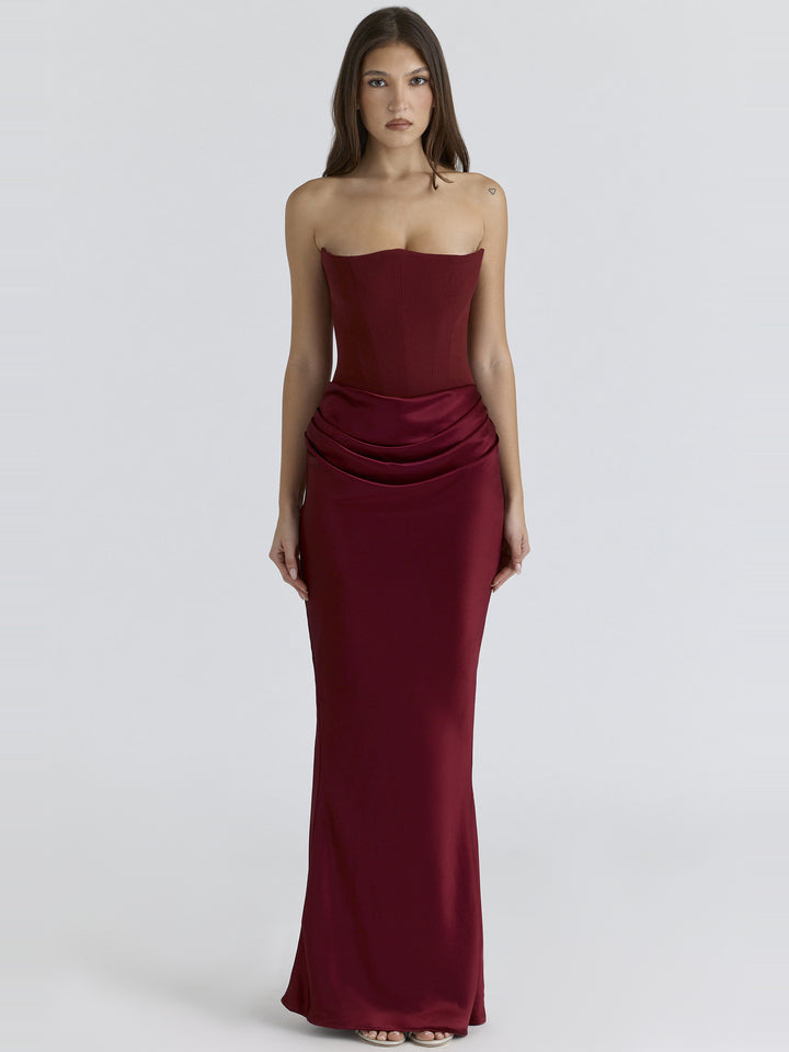 Persephone Straplez Korse Drapeli Maksi Elbise - Bordo detay 3