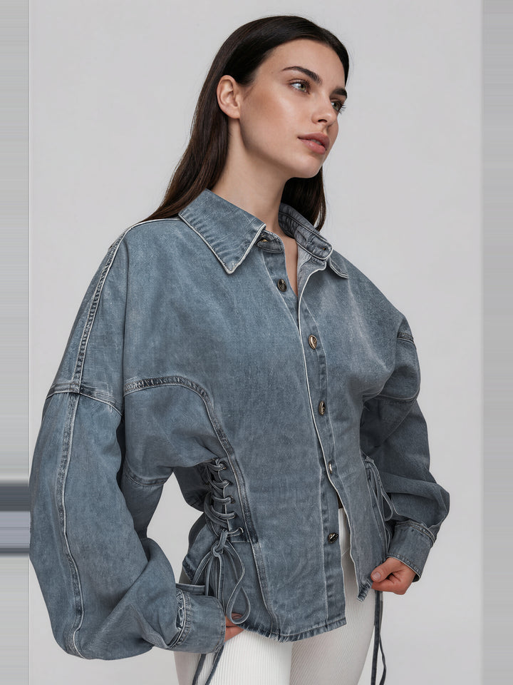 Khaza Korse Bağcıklı Oversize Denim Gömlek - Gri Mavi - Gri Mavi detay 3