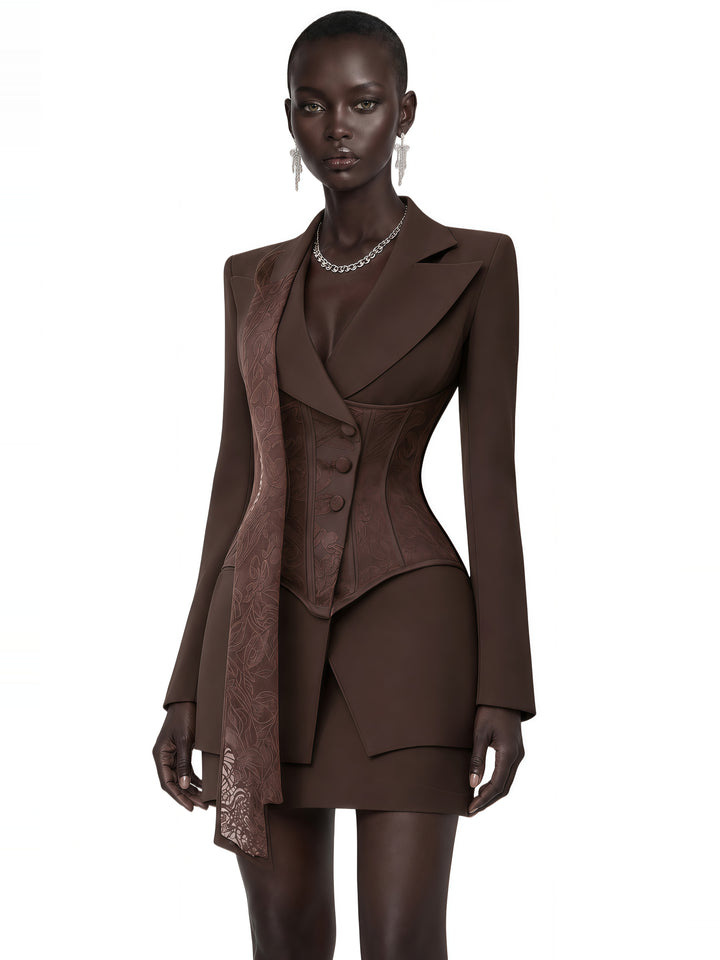 Sienna Dantel Panelli Blazer ve Mini Etek Takımı - Kahverengi - Kahverengi detay 3