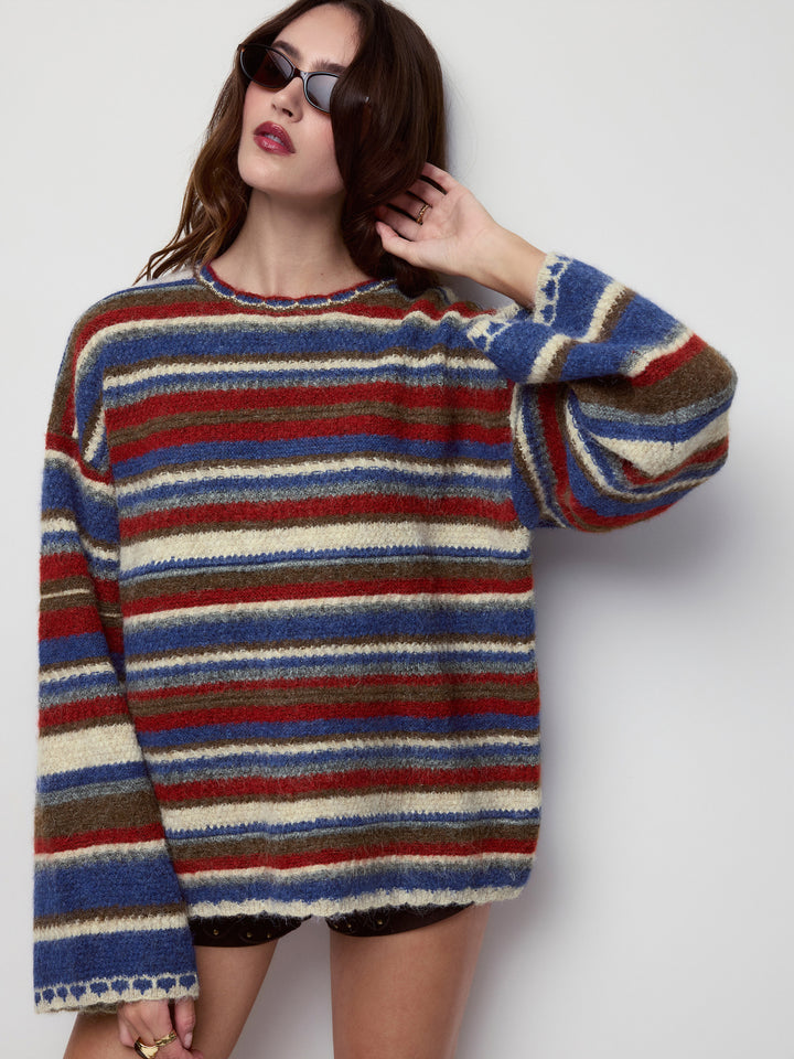 Çizgili Oversize Triko Kazak - Çok Renkli - Çok Renkli Çizgili detay 4