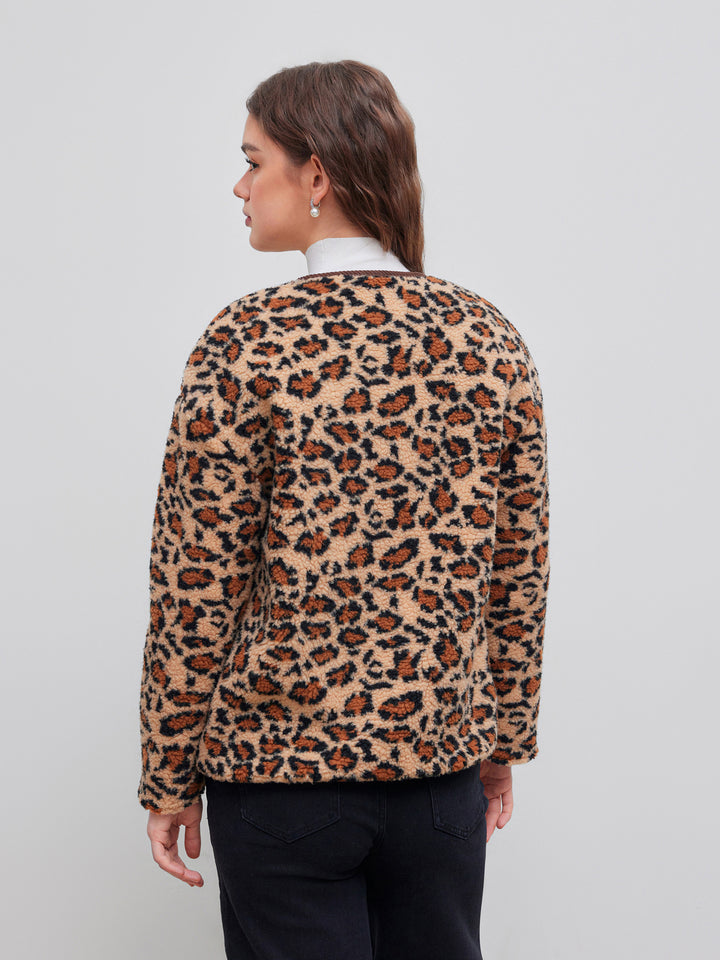 Leopar Desenli Kadife Biyeli Düğmeli Peluş Ceket - Kahverengi - Kahverengi detay 3