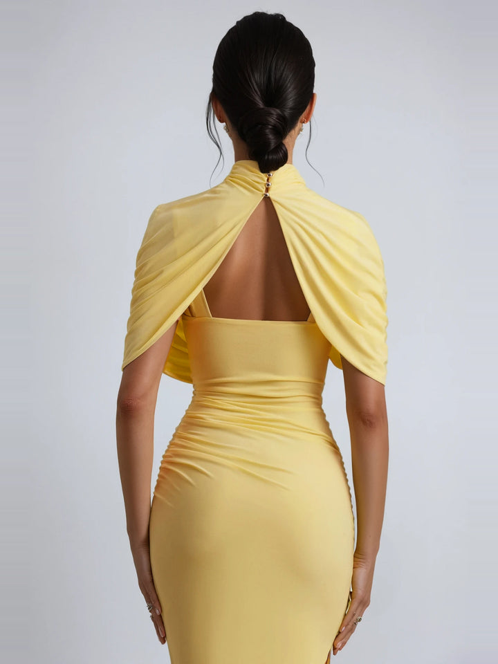 Dominika Dik Yaka Drapeli Şal Bodycon Midi Elbise - Limon Sarısı - Limon Sarısı detay 4