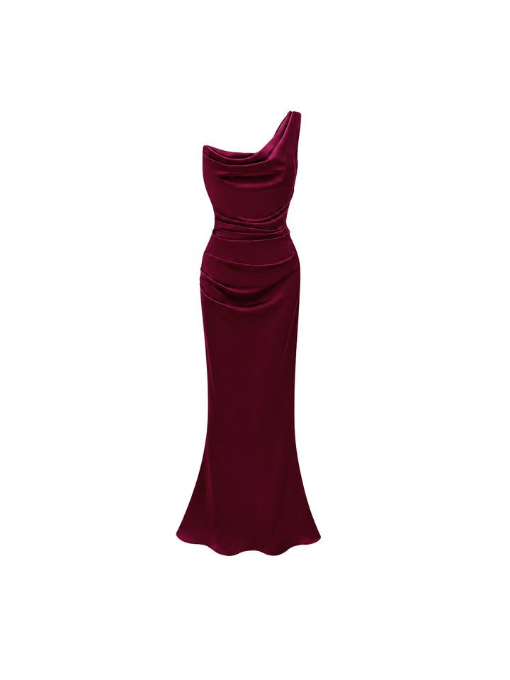 Hannah Tek Omuz Saten Maksi Elbise - Bordo - Bordo detay 4