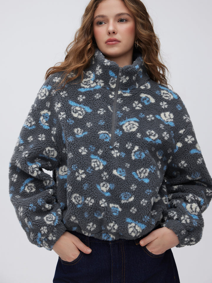 Polar Çiçek Desenli Dik Yaka Oversize Sweatshirt - Gri - Gri detay 4