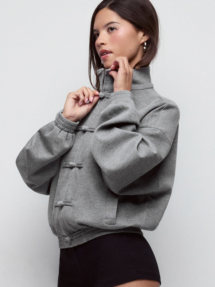 Boğum Düğmeli Dik Yaka Oversize Sweat Ceket - Gri detay 4