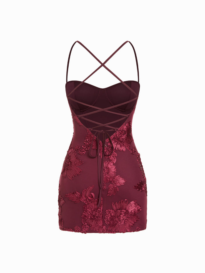 Çiçek İşlemeli Kalp Yaka Korse Detaylı Mini Elbise - Bordo - Bordo detay 4