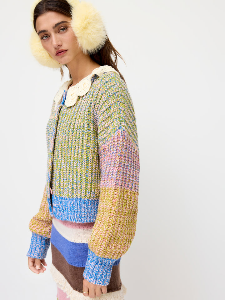 Colorblock Yuvarlak Yaka Oversize Triko Hırka - Yeşil - Yeşil Çok Renkli detay 4