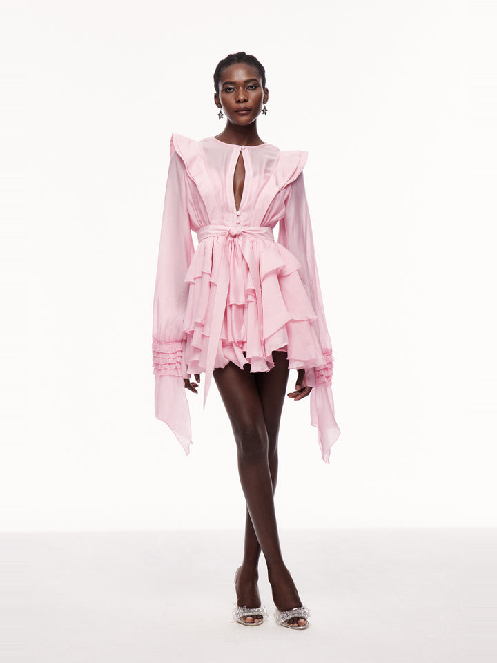 Celsus Uzun Kollu Fırfırlı Cut-out Mini Elbise - Pembe - Pembe detay 4