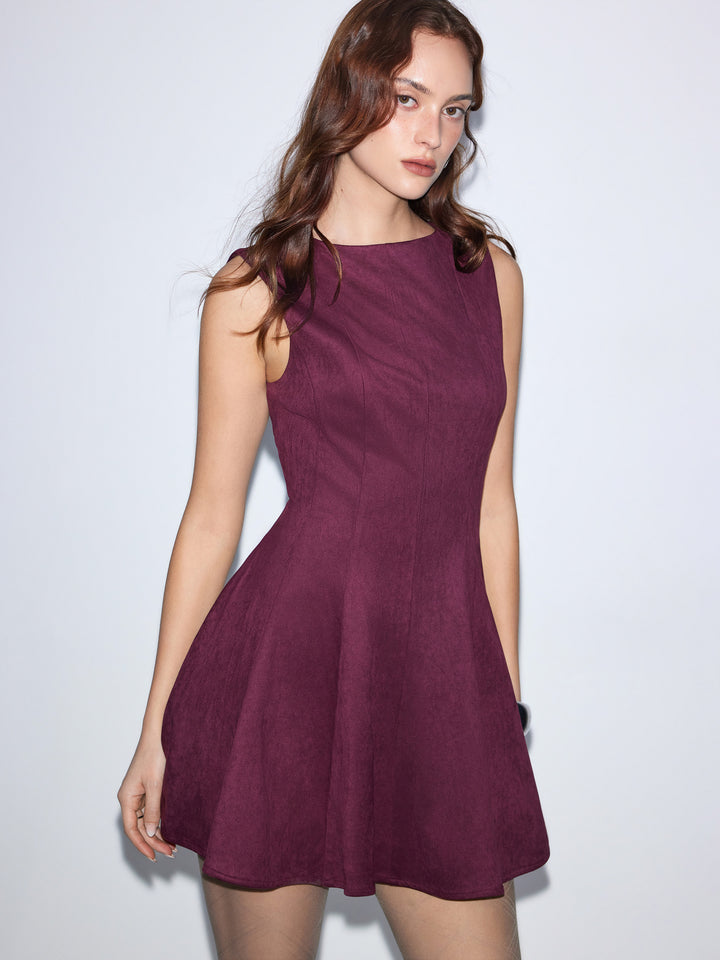 Süet Görünümlü Kayık Yaka Kloş Mini Elbise - Bordo - Bordo detay 4