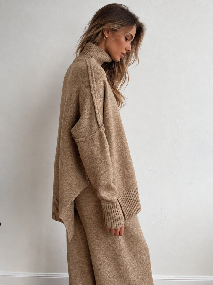 Boğazlı Oversize Triko Üst ve Pantolon Takımı - Camel detay 4