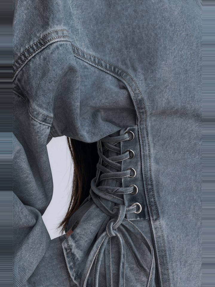 Khaza Korse Bağcıklı Oversize Denim Gömlek - Gri Mavi - Gri Mavi detay 4
