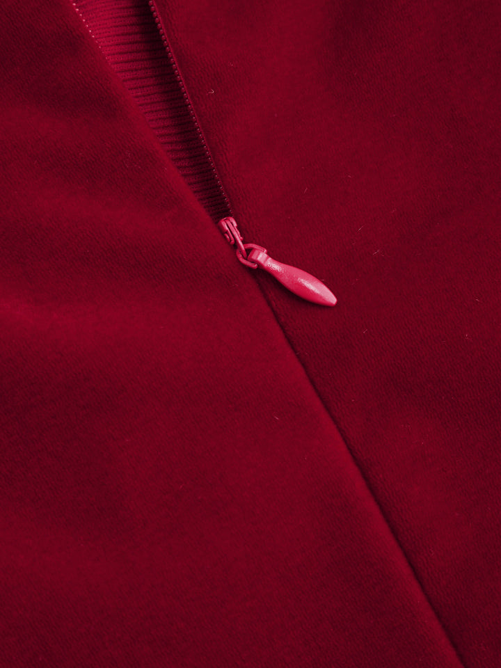 Kadife Omuz Dekolteli Kloş Mini Elbise - Bordo - Bordo detay 4