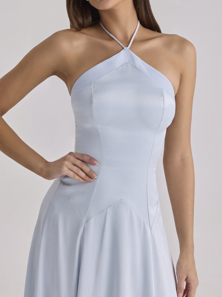 Avelina Halter Saten Maksi Elbise - Mavi - Mavi detay 4
