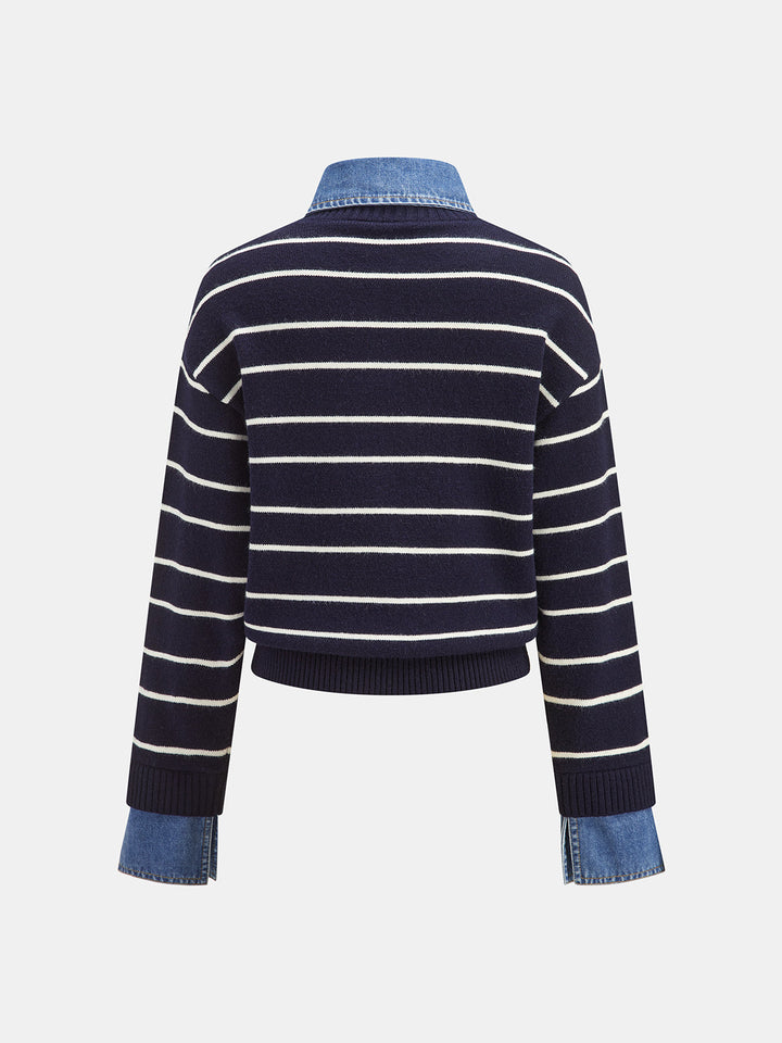 Denim Yaka Çizgili Triko İkili Takım - Lacivert - Lacivert detay 4