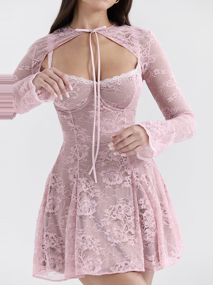 Alice Çiçekli Dantel Şal Detaylı Mini Elbise - Pembe - Pembe detay 4