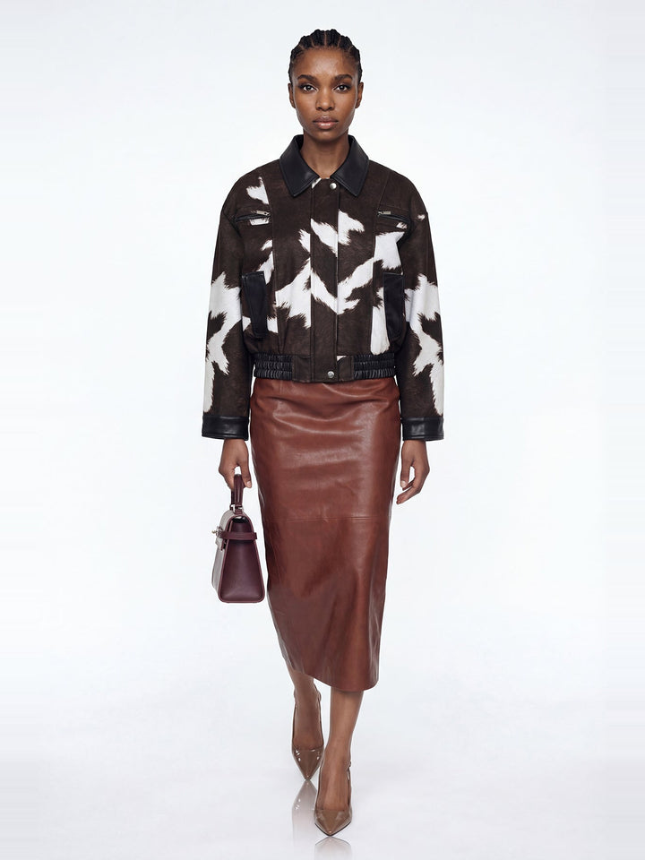 Elisabeta İnek Desenli Deri Görünümlü Bomber Ceket - Kahverengi - Kahverengi detay 4