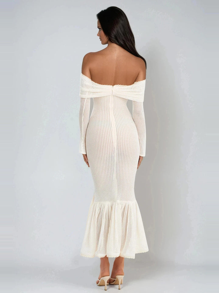 Dilwen Düşük Omuz Örme Bodycon Midi Elbise - Krem - Krem detay 4