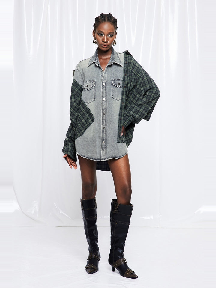 Friedrich Ekose Panelli Oversize Denim Ceket - Gri - Gri detay 4