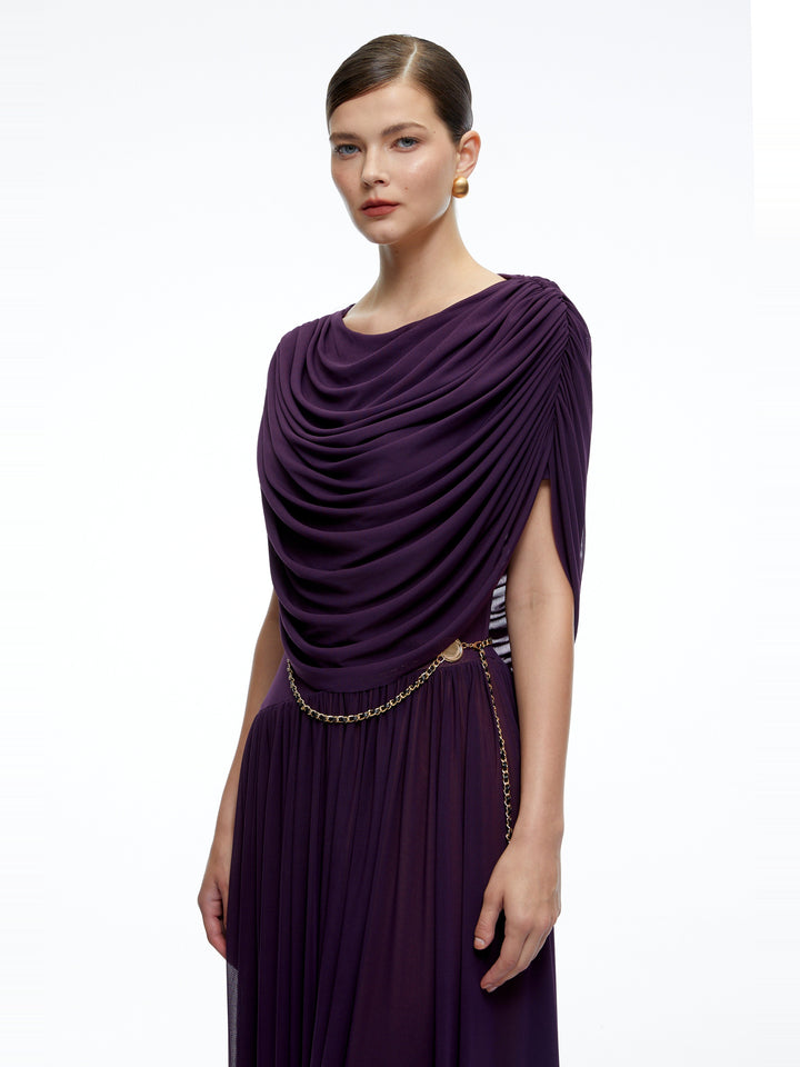 Lysiane Pileli Drape Yaka Midi Elbise - Mor - Mor detay 4