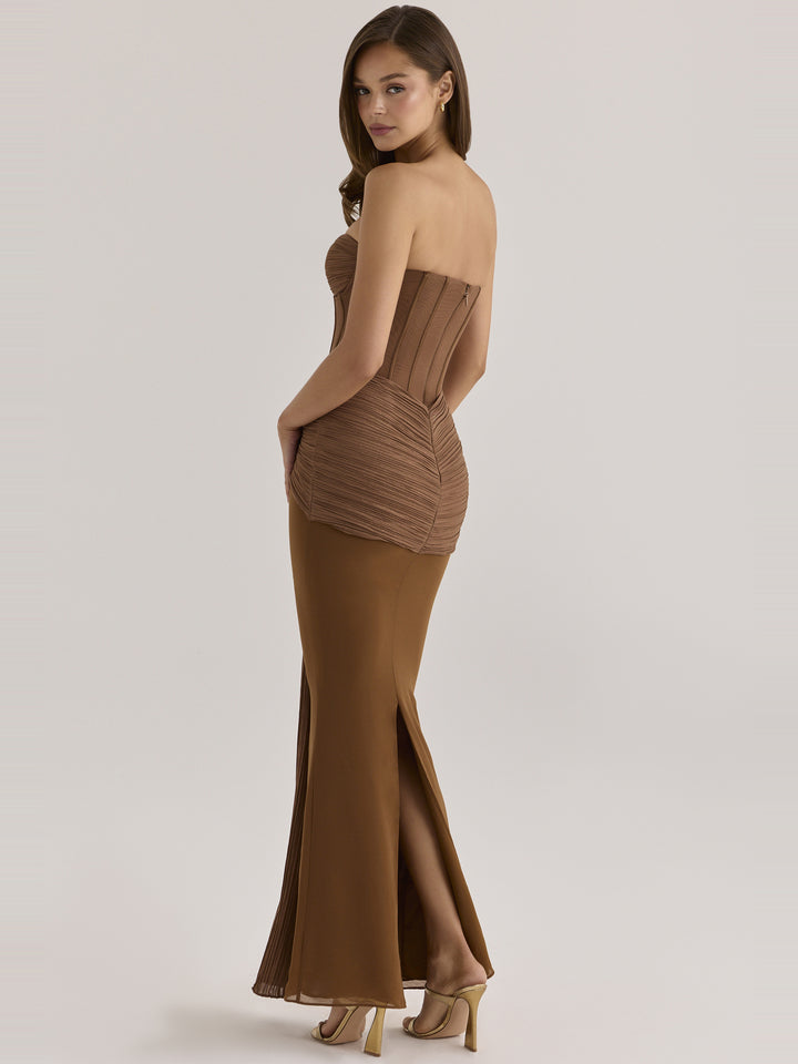 Charlotte Korse Straplez Şifon Maksi Elbise - Bronz - Bronz detay 4