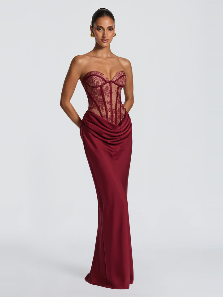 Kathleen Straplez Dantel Korse Maksi Elbise - Bordo - Bordo detay 4