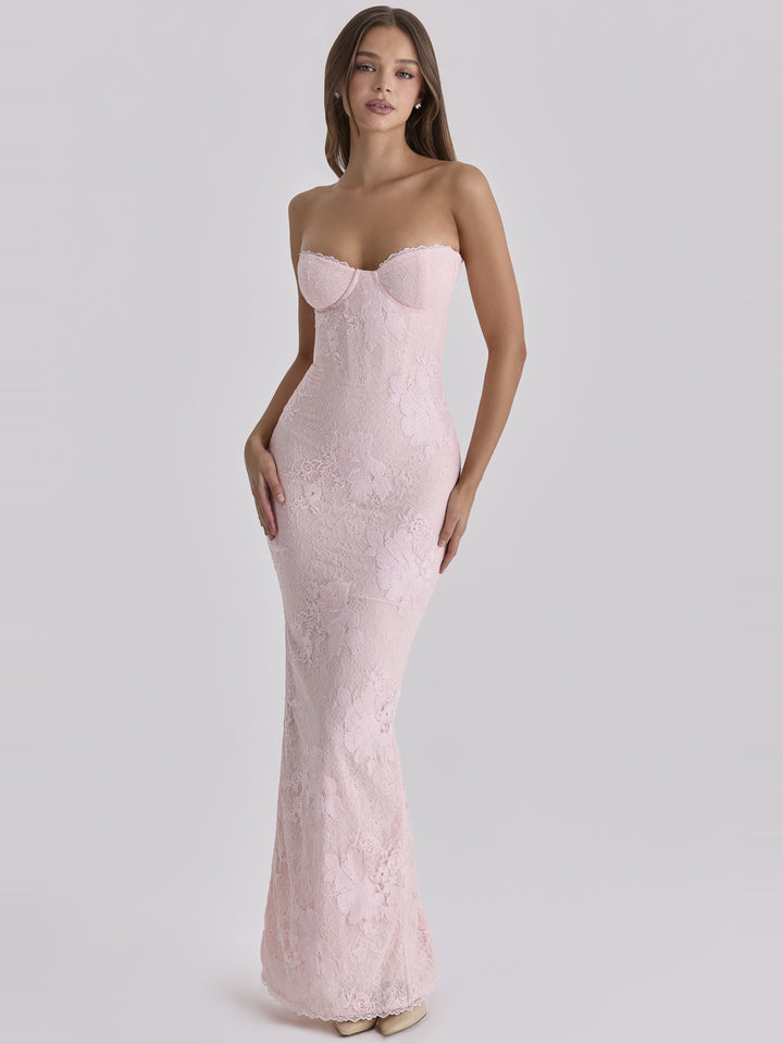 Lucienne Dantel Korse Straplez Maksi Elbise - Pembe detay 4