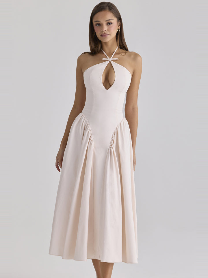 Lilli Halter Anahtar Deliği Pamuk Midi Elbise - Pudra Pembe - Pudra Pembe detay 4