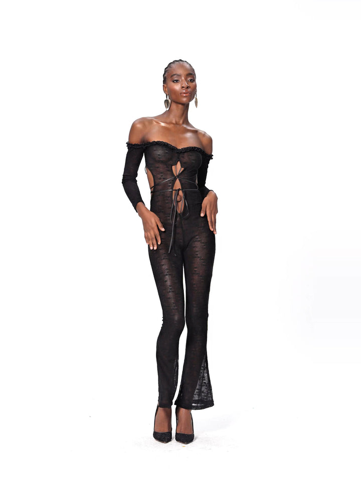 Elsabeth Omuz Dekolteli Dantel Cut-Out Tulum - Siyah - Siyah detay 4