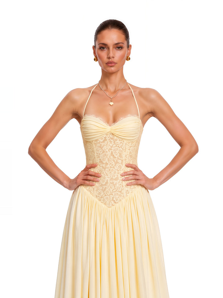 Joelle Halter Dantel Korse Maksi Elbise - Sarı detay 4