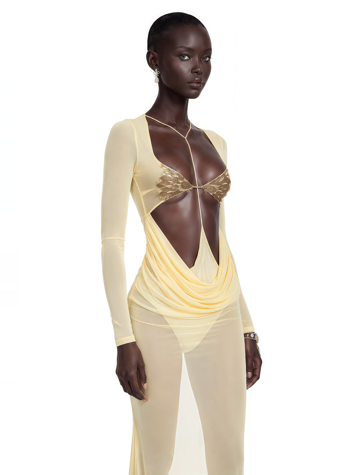 Cressida Cut-Out Halter Balık Etek Maksi Elbise - Sarı - Sarı detay 4