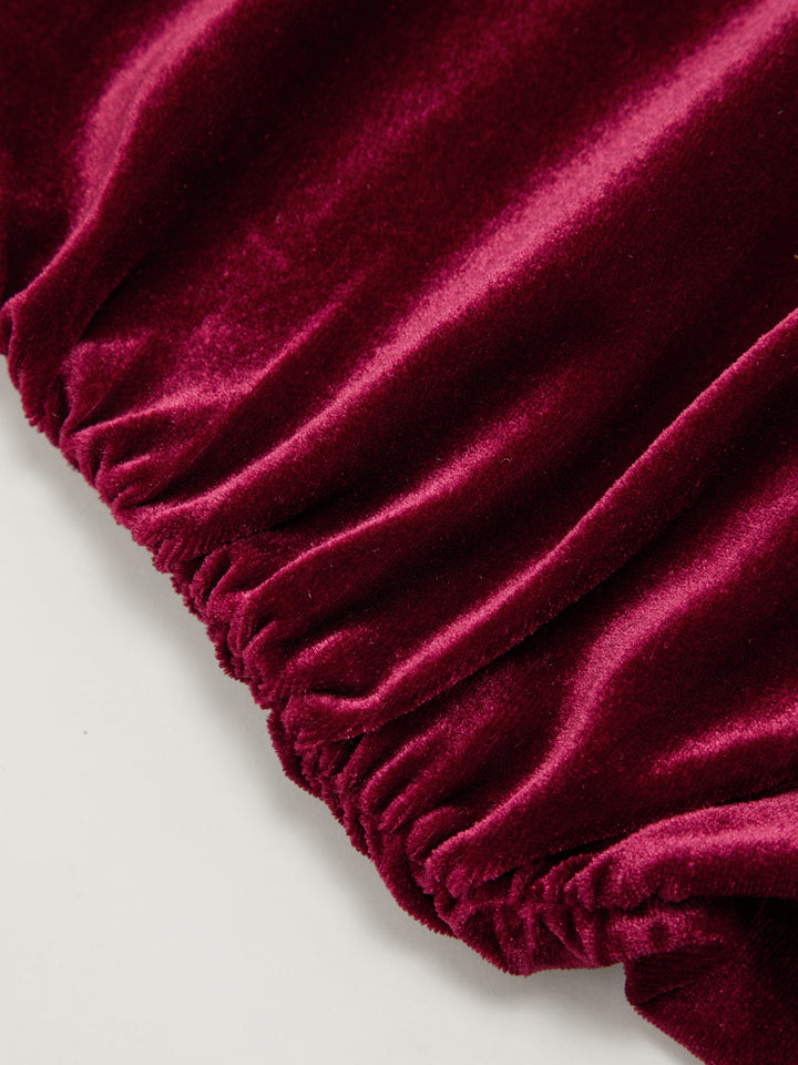 Kadife Kayık Yaka Drapeli Mini Elbise - Bordo detay 5