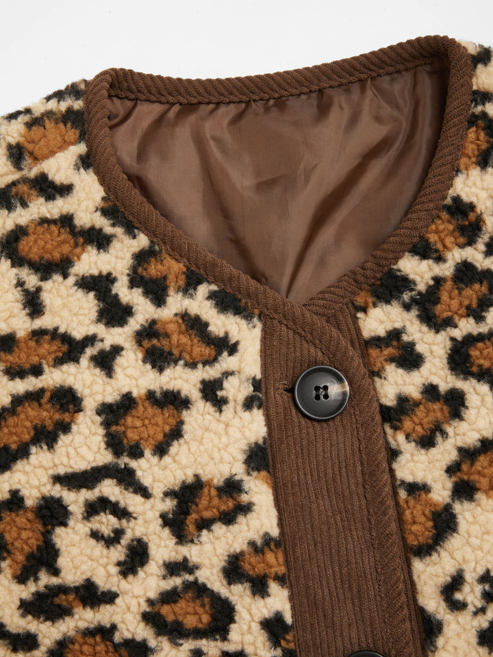 Leopar Desenli Kadife Biyeli Düğmeli Peluş Ceket - Kahverengi - Kahverengi detay 4