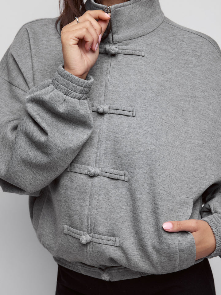 Boğum Düğmeli Dik Yaka Oversize Sweat Ceket - Gri detay 5