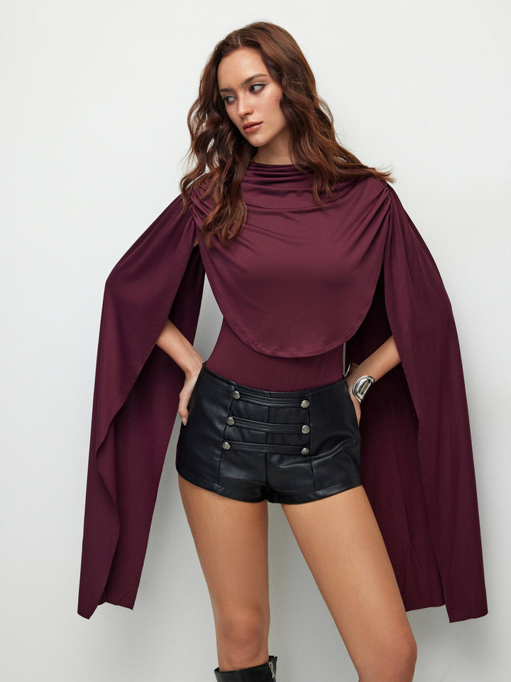Pelerin Kollu Drapeli Body - Bordo - Bordo detay 5
