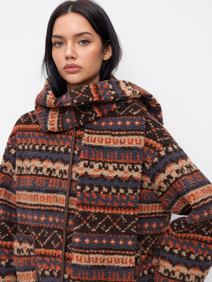 Şal Detaylı Etnik Desenli Oversize Polar Ceket - Kahverengi - Kahverengi detay 5