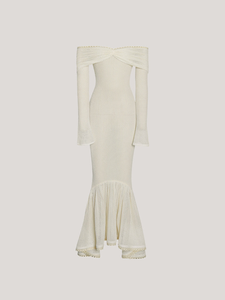 Dilwen Düşük Omuz Örme Bodycon Midi Elbise - Krem - Krem detay 5