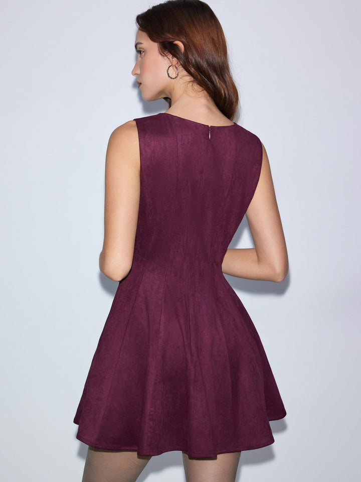 Süet Görünümlü Kayık Yaka Kloş Mini Elbise - Bordo - Bordo detay 5
